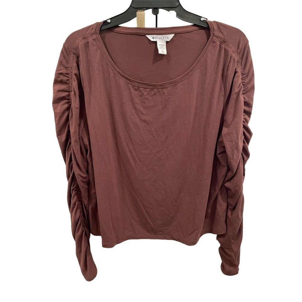 Athleta Women's XL‎ Mahogany Brown Ruched Long Sleeve Blouse Casual Fall Top